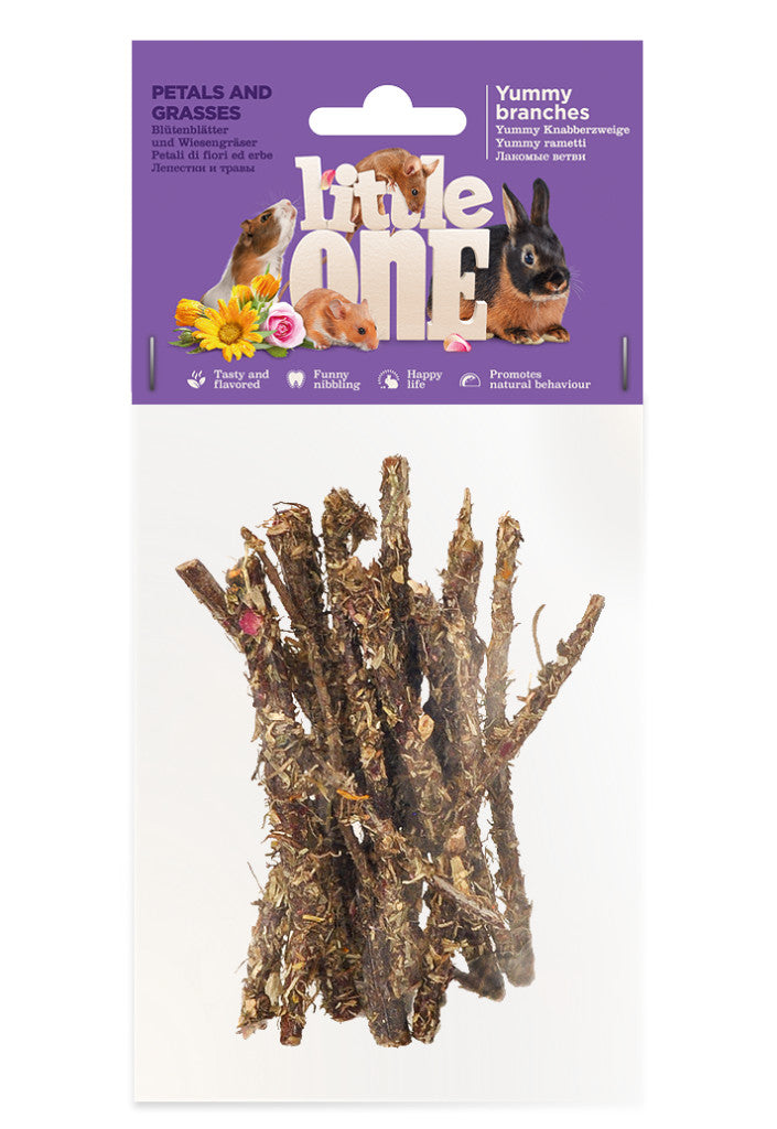 Little One Yummy ágacskák szirmokkal és fűszernövényekkel. Snack minden kisemlős számára, 35 g