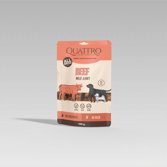 QUATTRO Meat Jerky Jutalomfalat Felnőtt Kutyáknak - Marhahús Filék 130 g