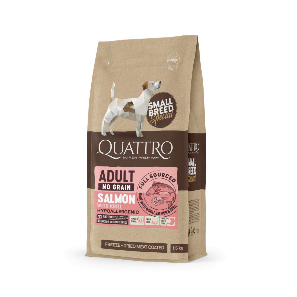 QUATTRO Hypoallergenic SMALL BREED ADULT SALMON-KRILL kutyatáp 1,5kg