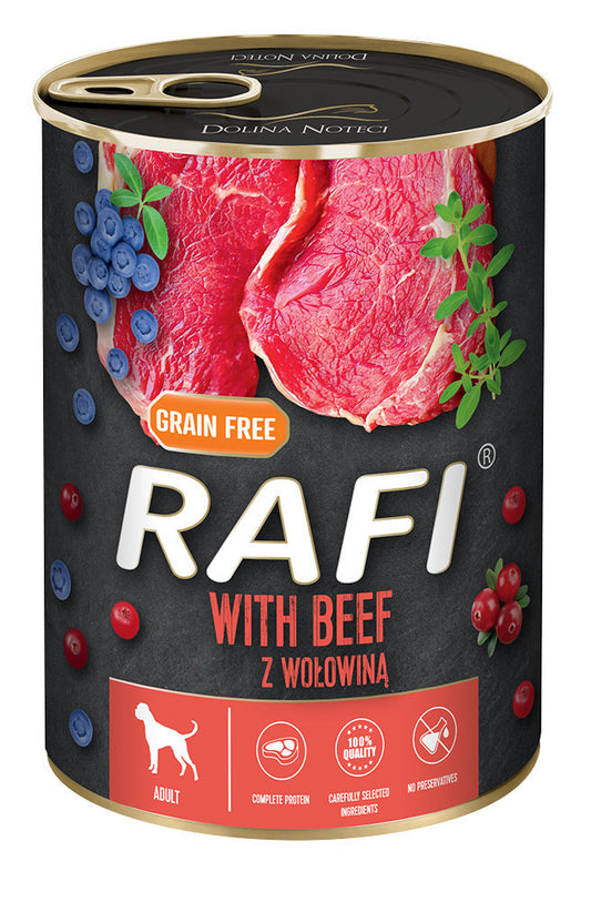 RAFI kutya pástétom marha, vörös- és kék áfonyával konzerv 400g