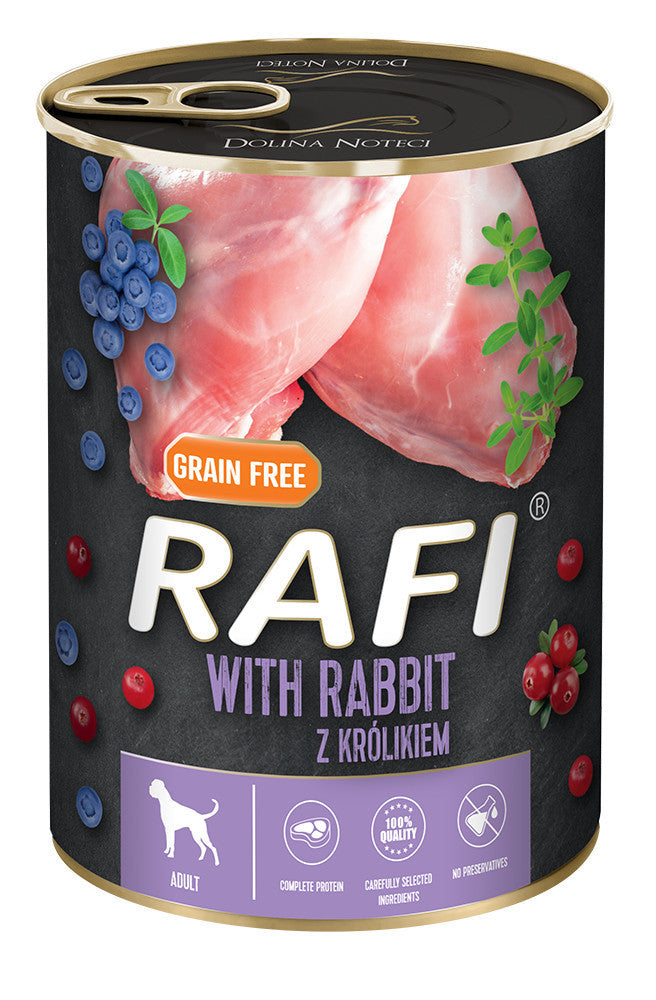 RAFI kutya pástétom nyúl, vörös- és kék áfonyával konzerv 400g