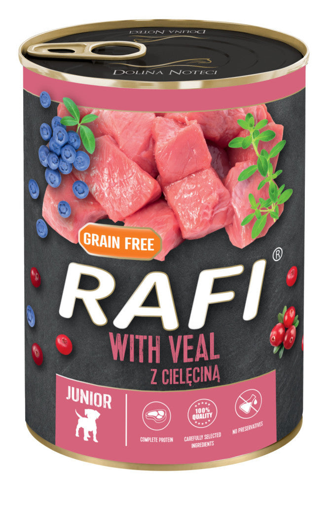 RAFI Junior kutya pástétom borjú, vörös- és kék áfonyával konzerv 400g