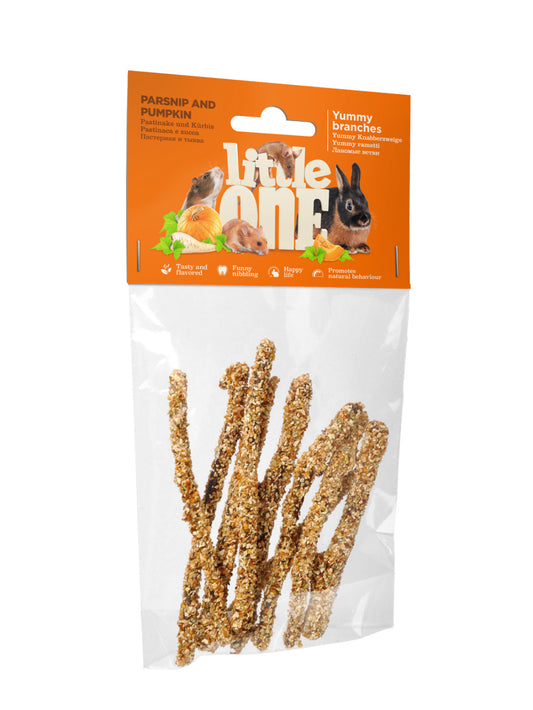Little One Yummy ágacskák paszternákkal és sütőtökkel. Rágcsálnivaló minden kisemlős számára, 35 g