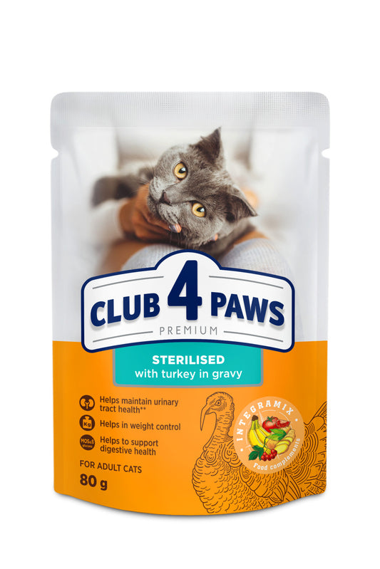 CLUB 4 PAWS Premium Sterilizált Macskáknak Pulyka Szószban Nedves Macskaeledel 80 g